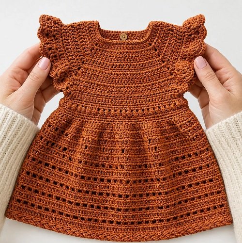 Burnt Orange Flutter Sleeve Crochet Baby Dress