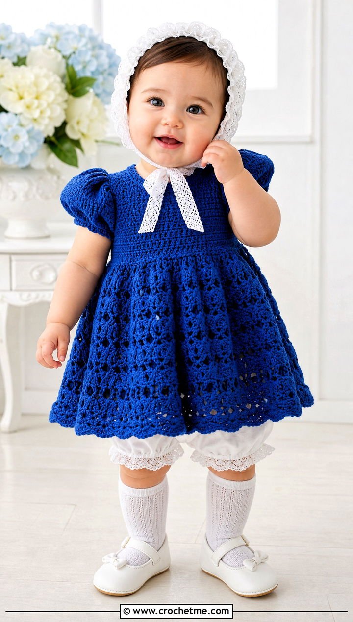 2. Puff Sleeve Crochet Blessing Dress With Lace Bonnet
