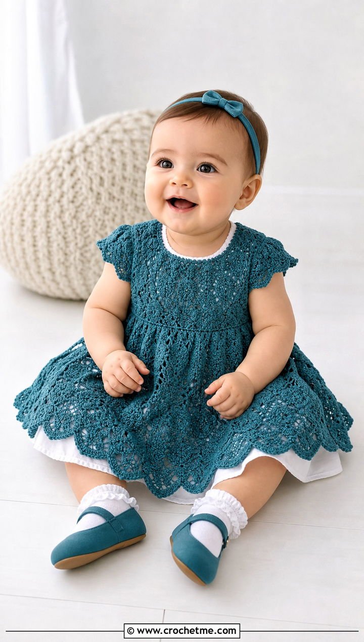 3. Scalloped Hem Crochet Blessing Dress With Mary Jane Shoes