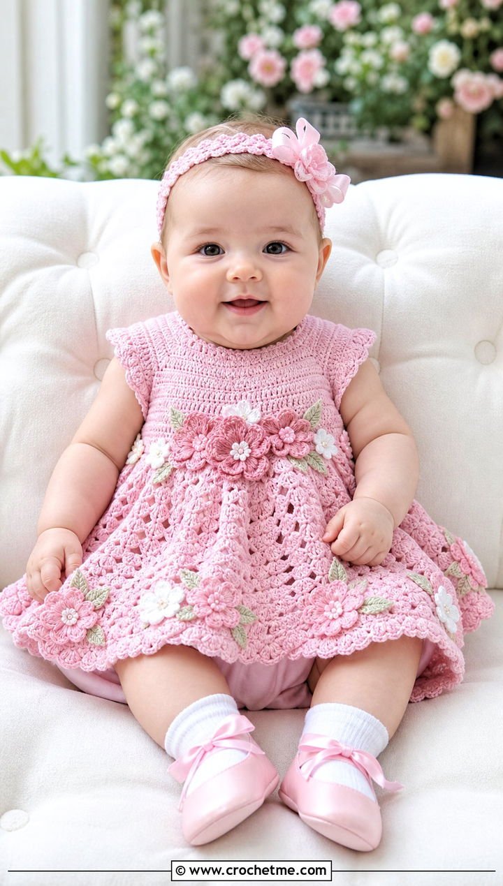 4. Floral Appliqué Crochet Blessing Dress With Ribbon Headband