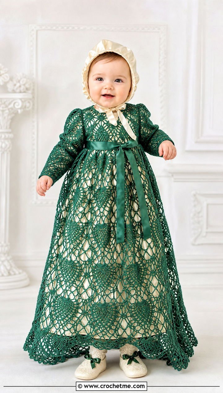 8. Pineapple Lace Crochet Blessing Dress With Satin Bonnet