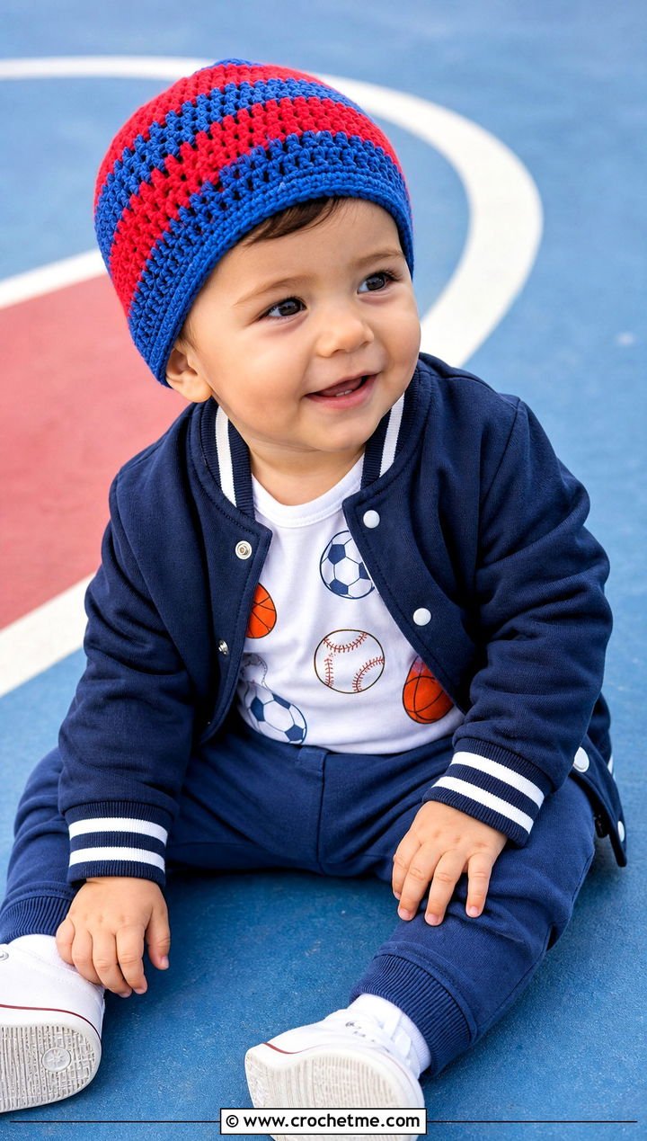 12. Striped Crochet Beanie With Varsity Jacket