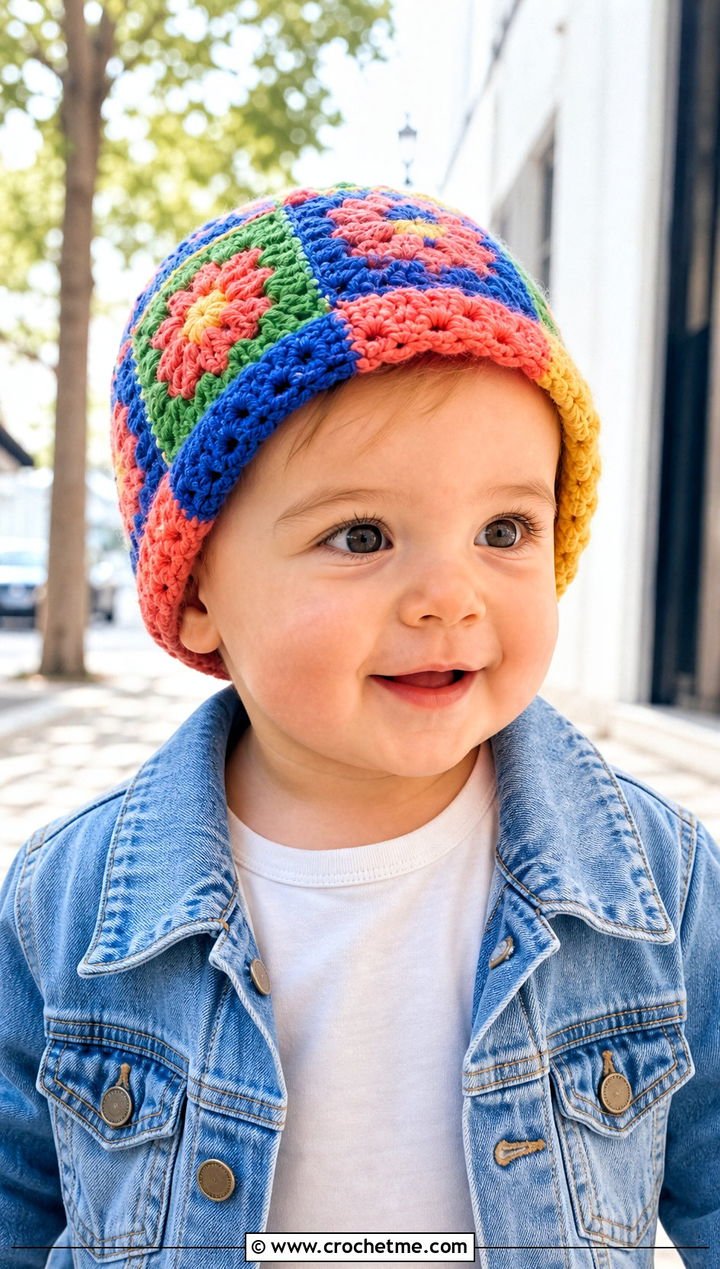 7. Granny Square Crochet Hat With Denim Jacket
